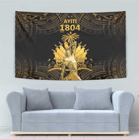 Black and gold Ayiti 1804 tapestry wall hanging with central figure and filigree border