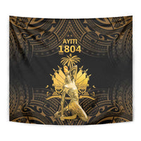 Square tapestry wall hanging in dark and gold with Ayiti 1804 and central seated figure
