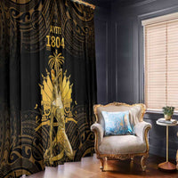 Window curtain panel, black with gold Polynesian pattern and central golden figure
