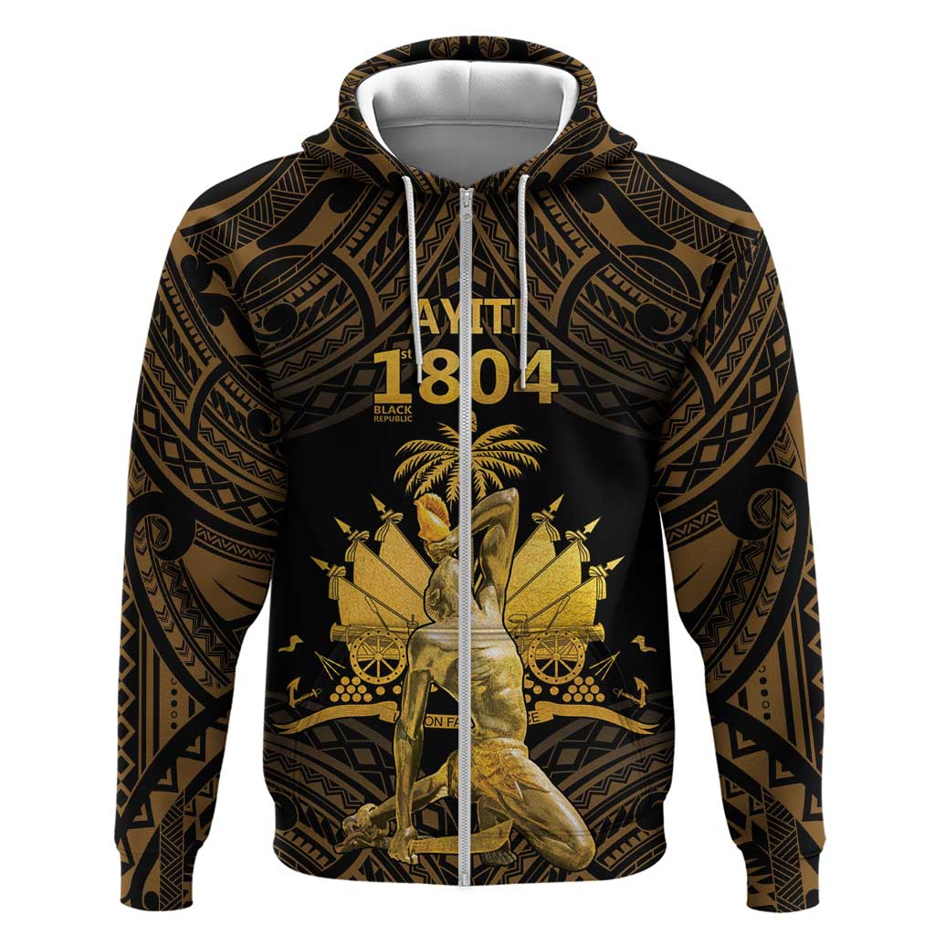 Haitian Negre Marron 1804 Zip Hoodie Gold Polynesian Pattern - Wonder Print Shop