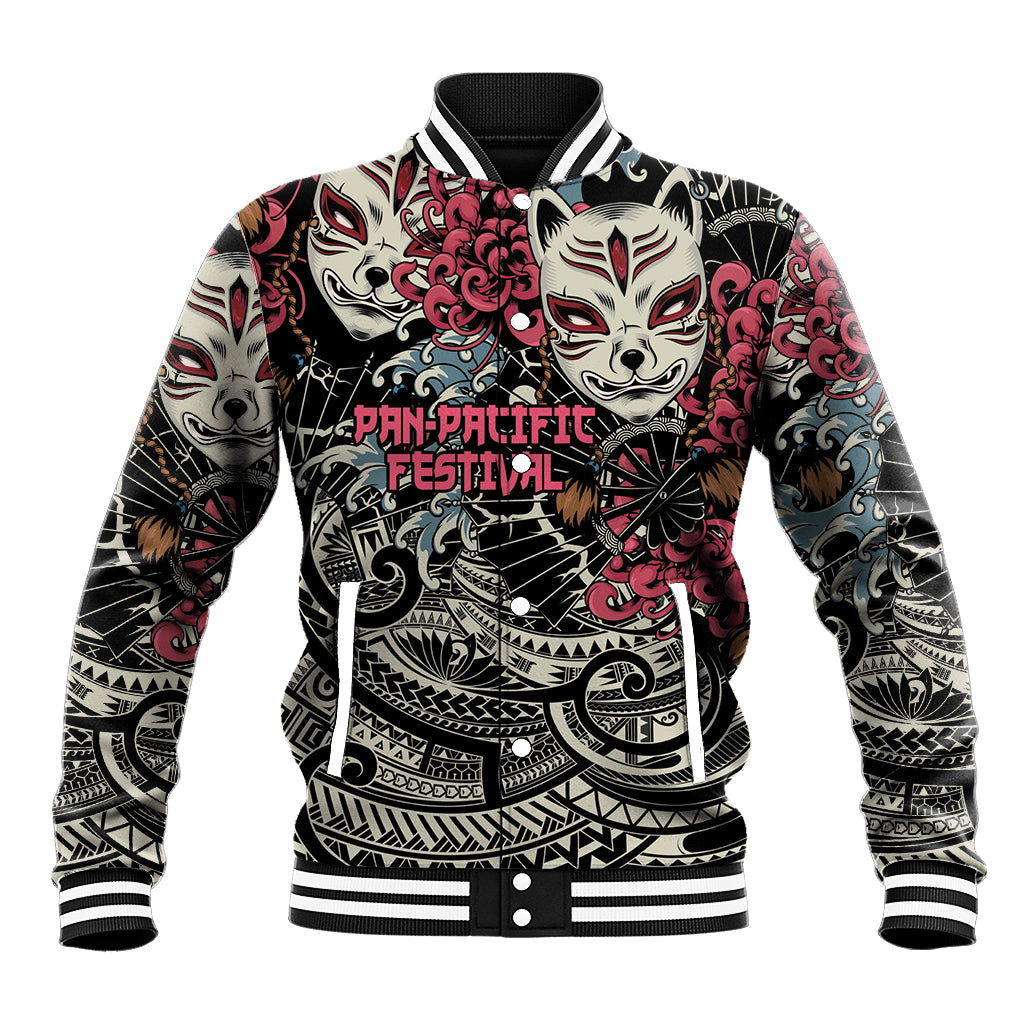 Black baseball varsity jacket with colorful kitsune fox graphic, ribbed striped collar