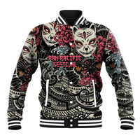 Black baseball varsity jacket with colorful kitsune fox graphic, ribbed striped collar