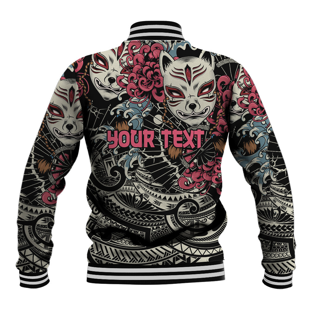 Black baseball varsity jacket with kitsune fox art on back, bold pink text