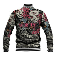 Black baseball varsity jacket with kitsune fox art on back, bold pink text