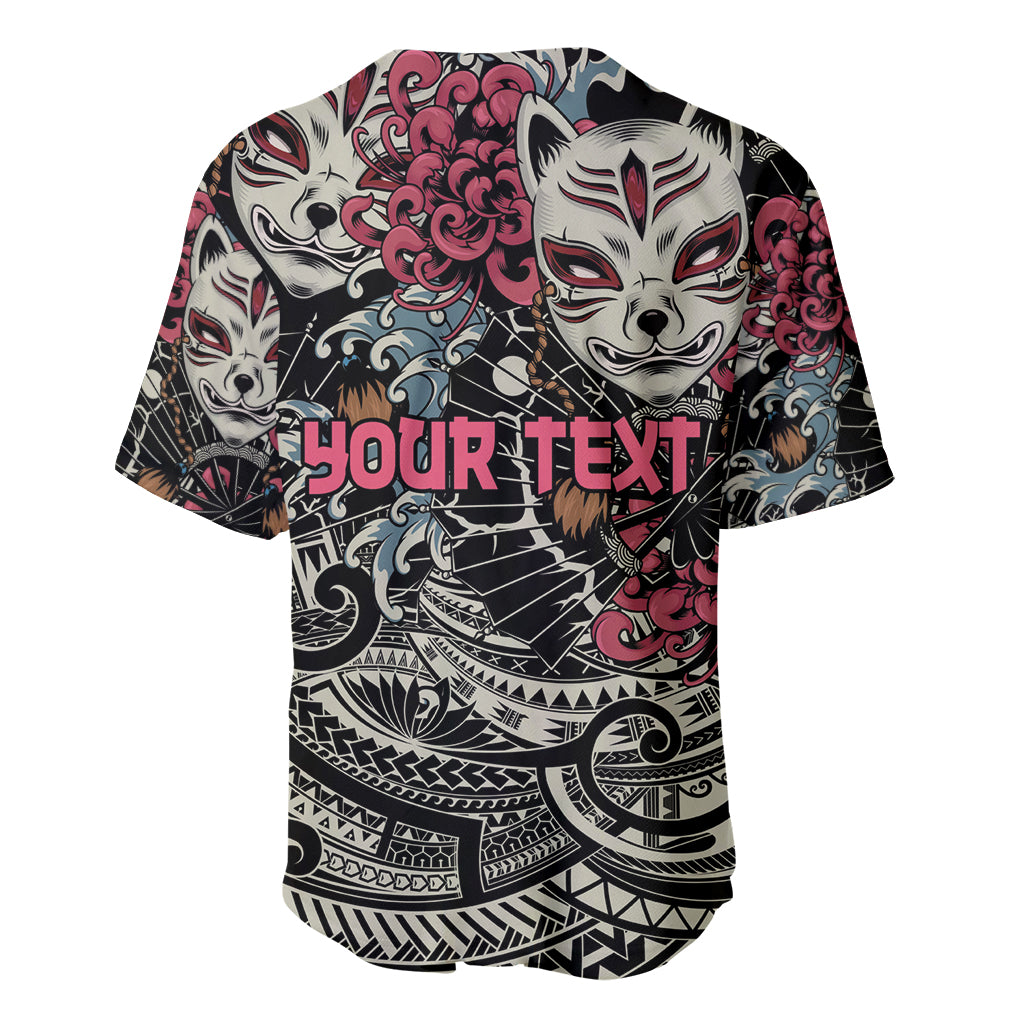 Black baseball jersey with kitsune mask graphic and custom text, short sleeves