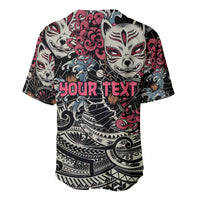 Black baseball jersey with kitsune mask graphic and custom text, short sleeves