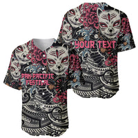 Two black baseball jerseys with kitsune mask graphic and custom text, short sleeves
