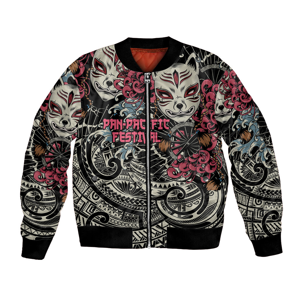 Black bomber jacket with zip front and multicolor kitsune fox mask graphic