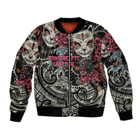 Black bomber jacket with zip front and multicolor kitsune fox mask graphic