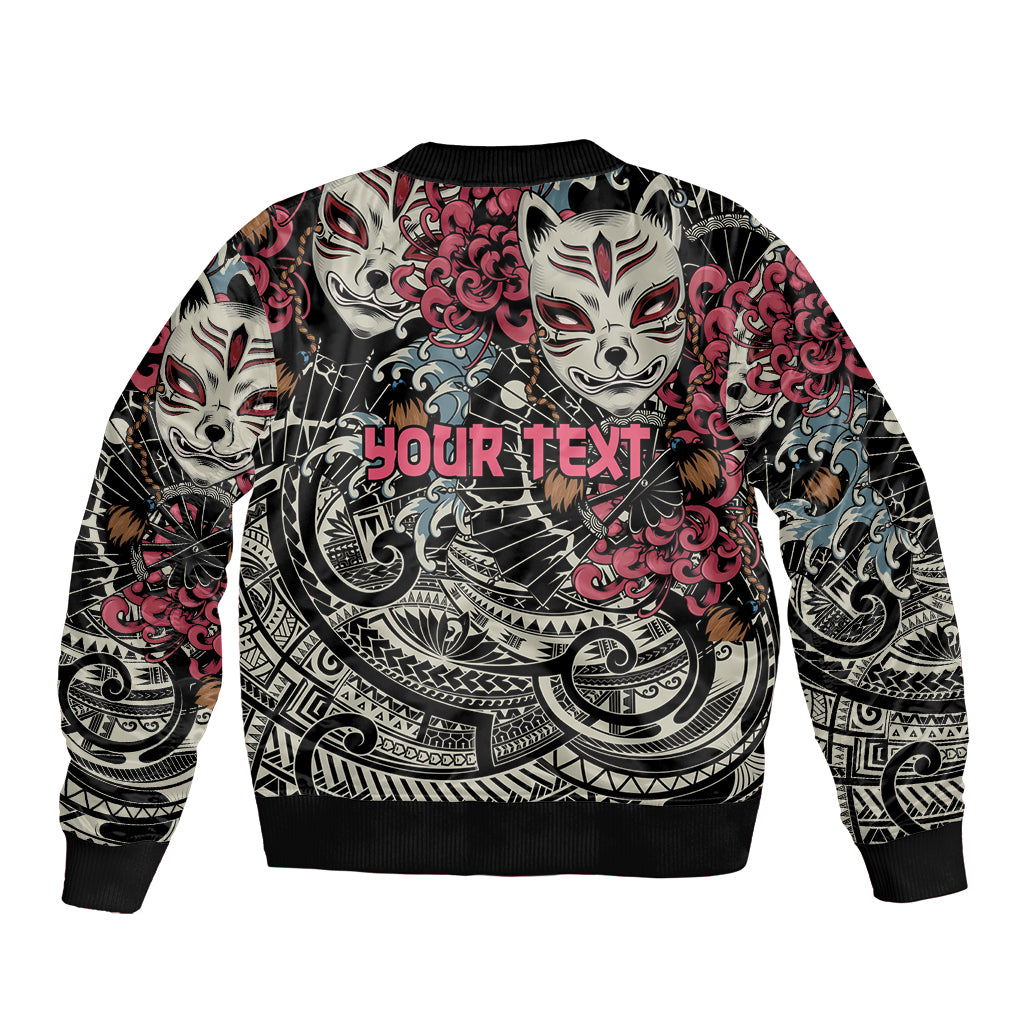 Black bomber jacket with ribbed collar and large multicolor kitsune fox mask print