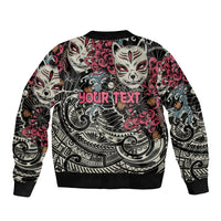 Black bomber jacket with ribbed collar and large multicolor kitsune fox mask print