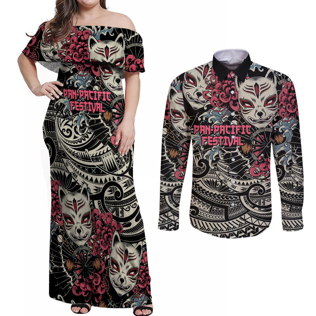 Personalized Japanese Kitsune Mask Couples Matching Off Shoulder Maxi Dress and Long Sleeve Button Shirt With Polynesian Arty Style LT9 - Wonder Print Shop