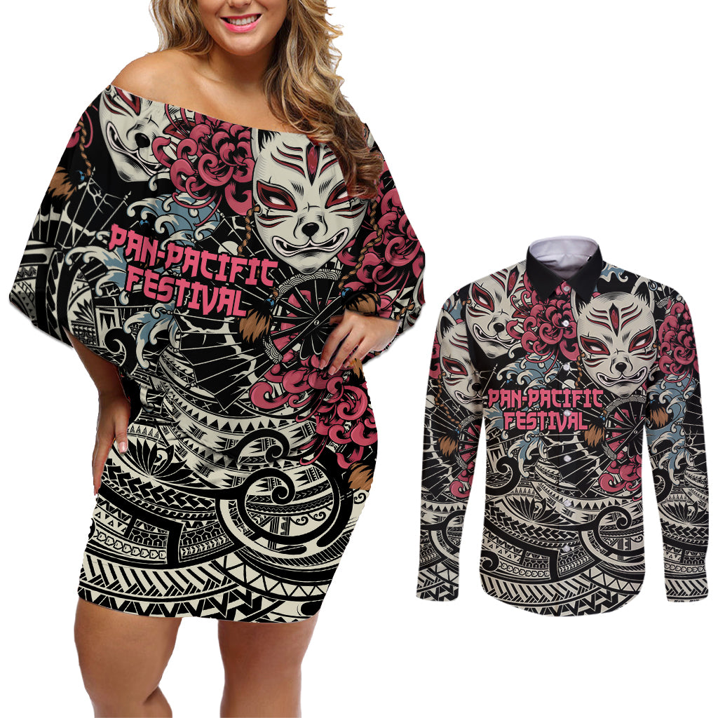 Personalized Japanese Kitsune Mask Couples Matching Off Shoulder Short Dress and Long Sleeve Button Shirt With Polynesian Arty Style LT9 - Wonder Print Shop