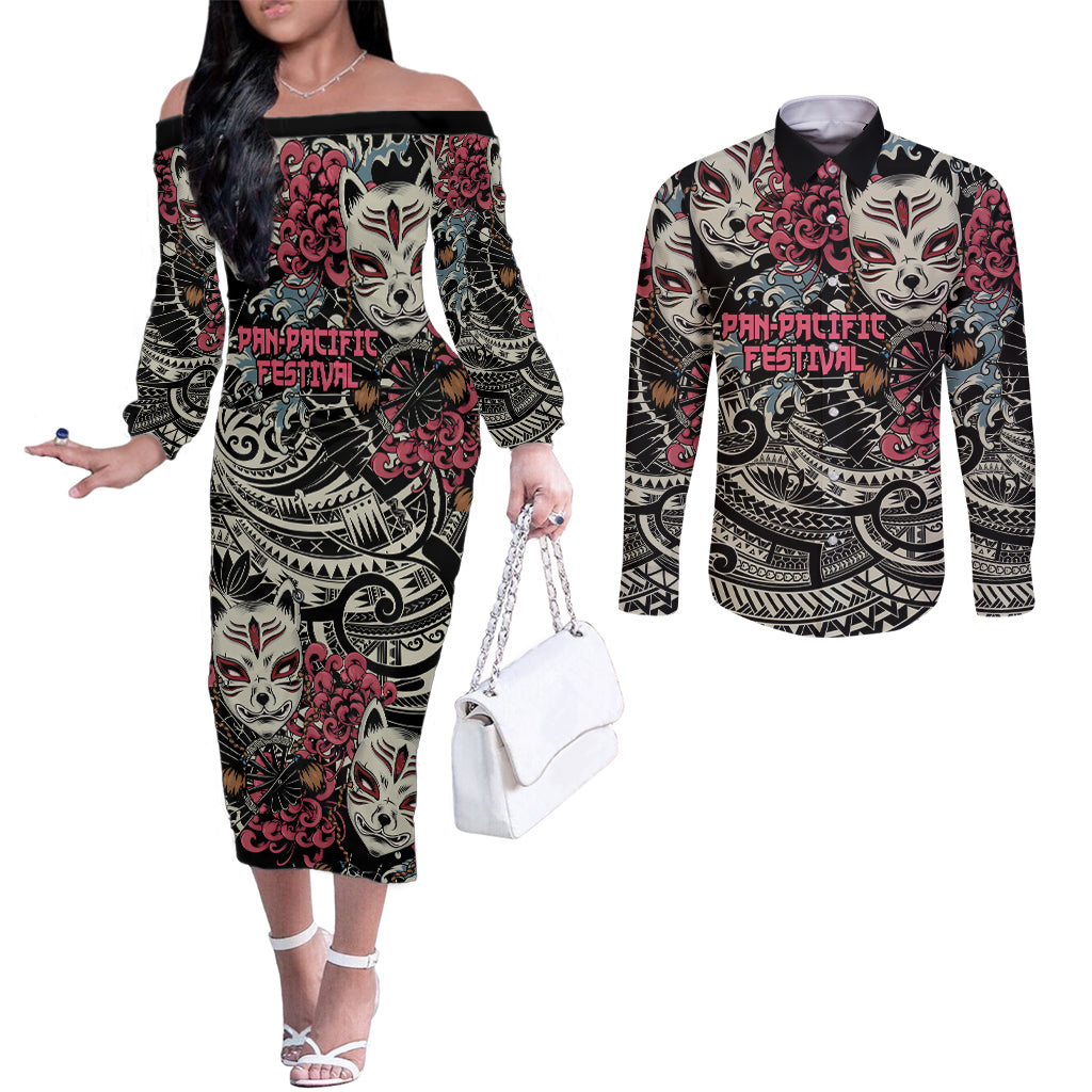 Personalized Japanese Kitsune Mask Couples Matching Off The Shoulder Long Sleeve Dress and Long Sleeve Button Shirt With Polynesian Arty Style