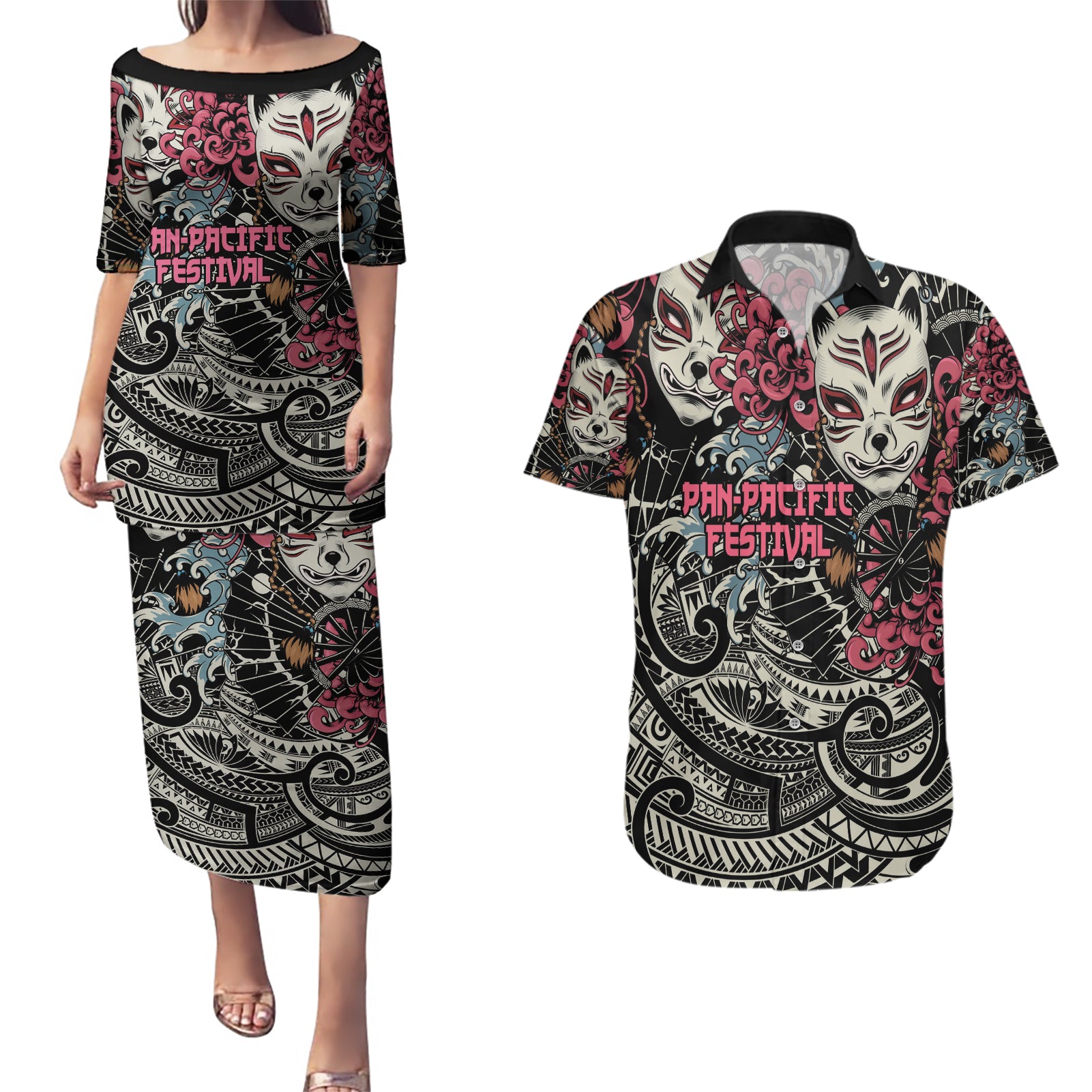 Personalized Japanese Kitsune Mask Couples Matching Puletasi and Hawaiian Shirt With Polynesian Arty Style LT9 - Wonder Print Shop