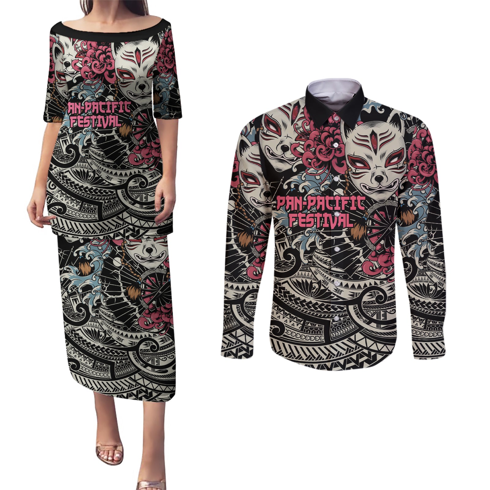 Personalized Japanese Kitsune Mask Couples Matching Puletasi and Long Sleeve Button Shirt With Polynesian Arty Style LT9 - Wonder Print Shop