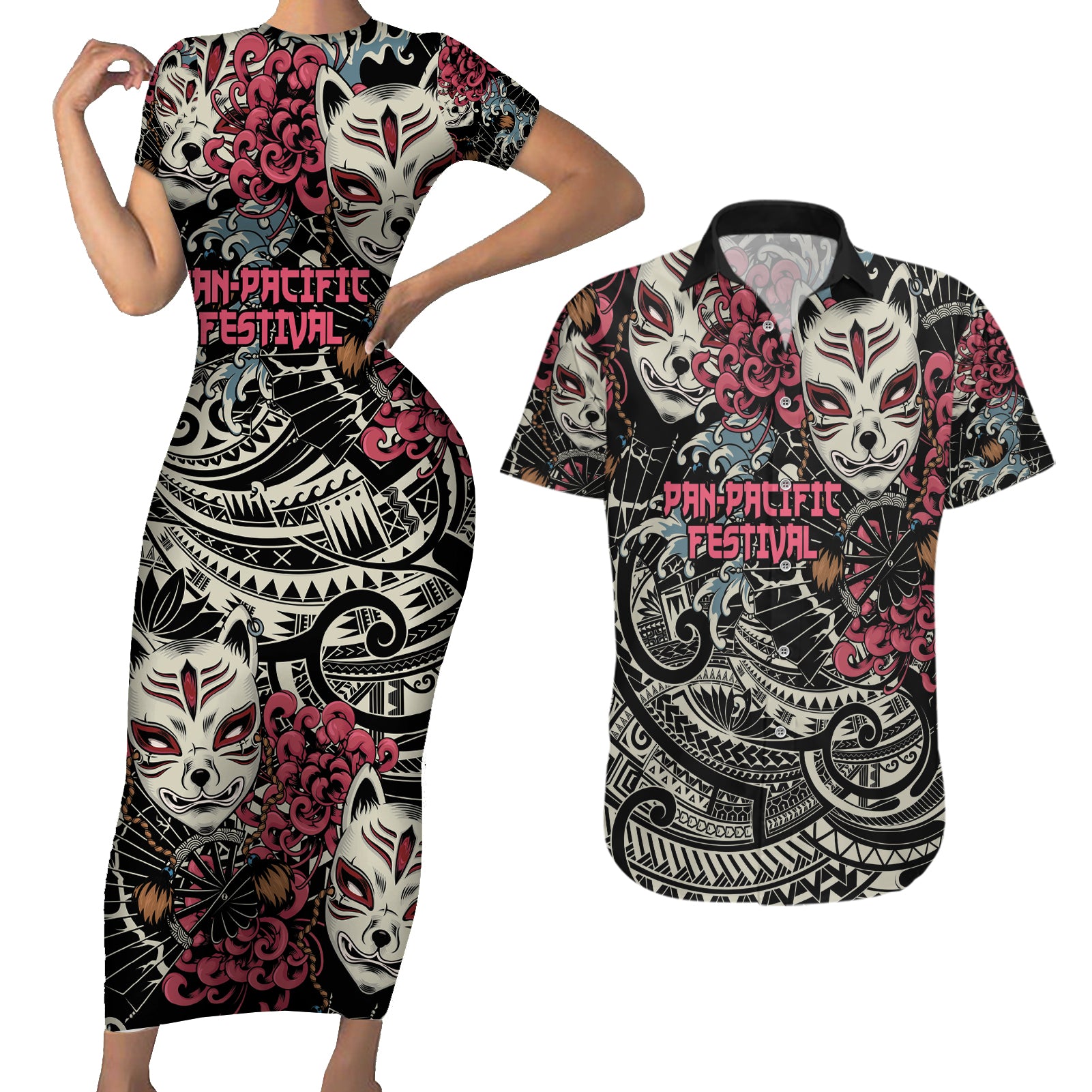 Personalized Japanese Kitsune Mask Couples Matching Short Sleeve Bodycon Dress and Hawaiian Shirt With Polynesian Arty Style LT9 - Wonder Print Shop