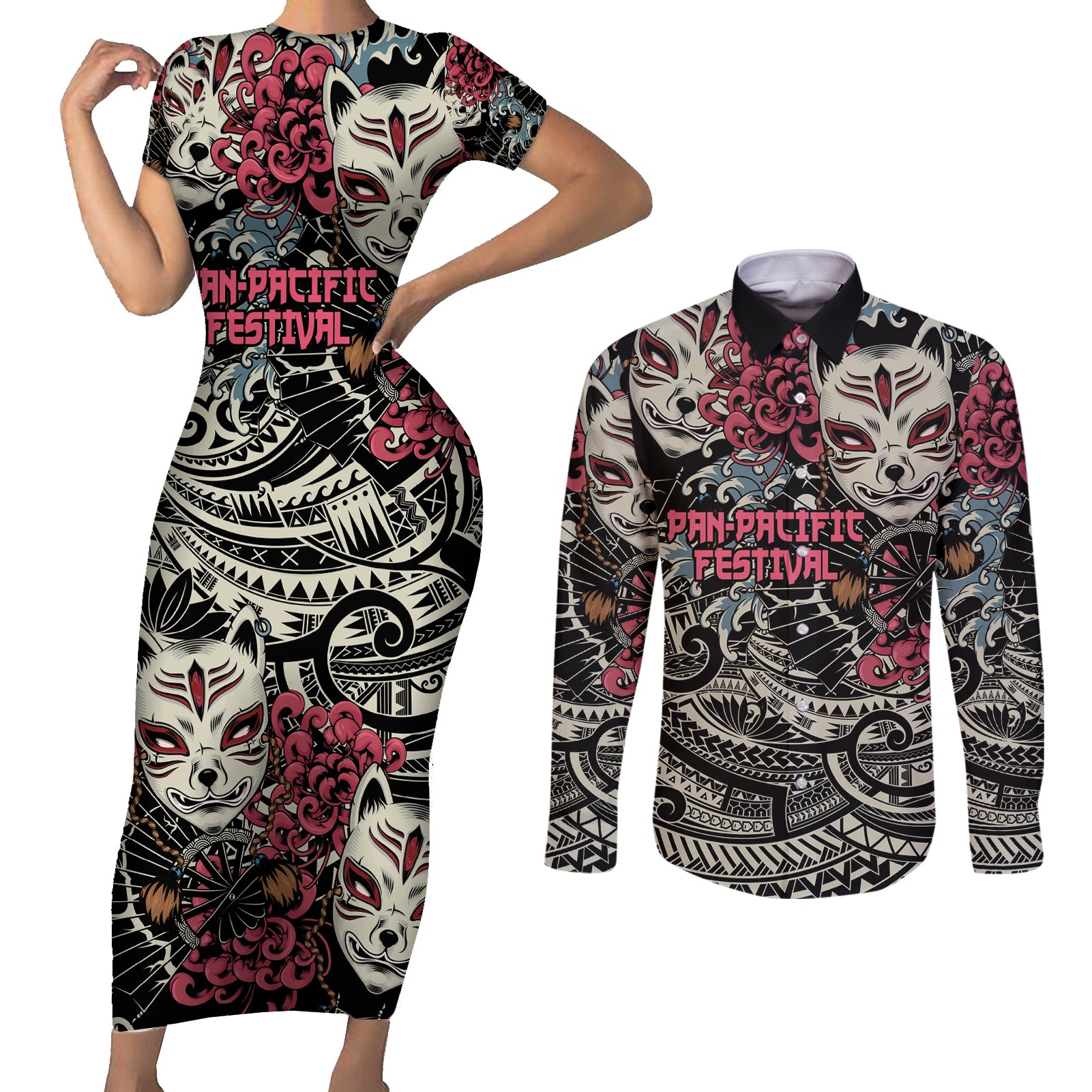 Personalized Japanese Kitsune Mask Couples Matching Short Sleeve Bodycon Dress and Long Sleeve Button Shirt With Polynesian Arty Style LT9 - Wonder Print Shop