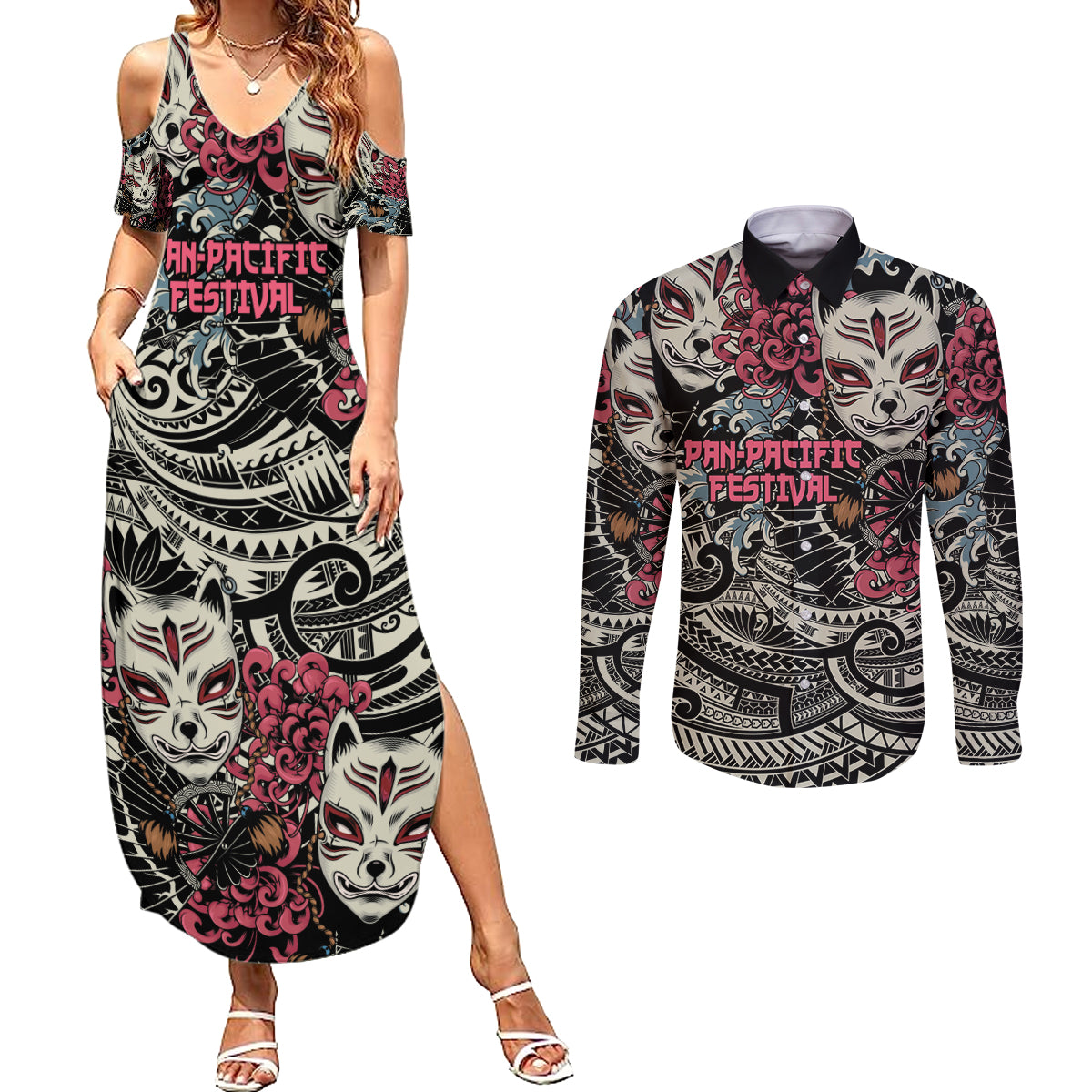 Personalized Japanese Kitsune Mask Couples Matching Summer Maxi Dress and Long Sleeve Button Shirt With Polynesian Arty Style LT9 - Wonder Print Shop