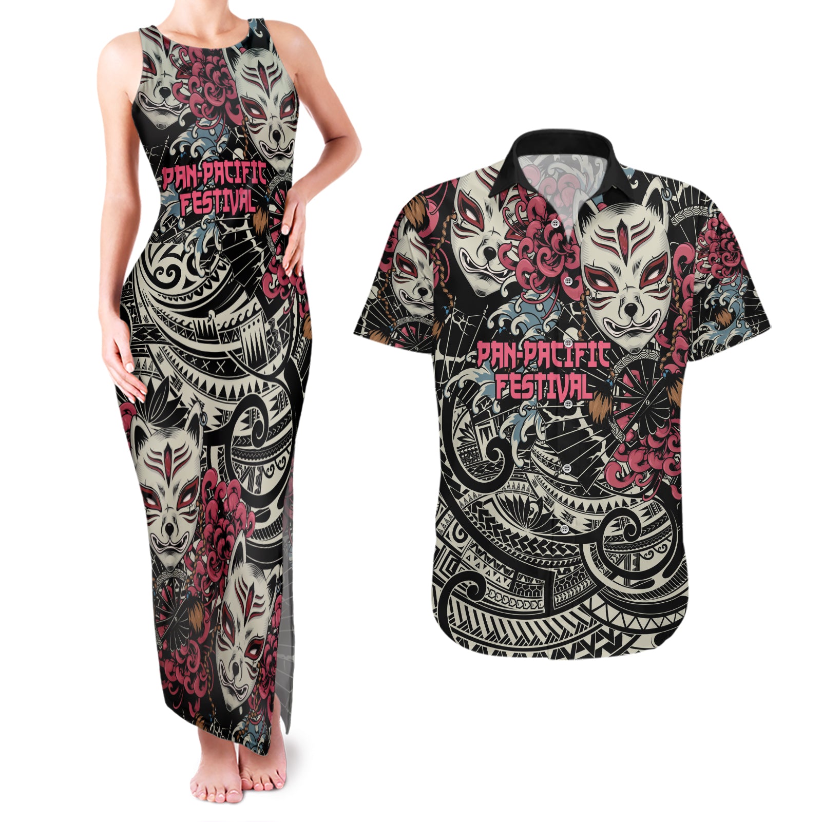 Personalized Japanese Kitsune Mask Couples Matching Tank Maxi Dress and Hawaiian Shirt With Polynesian Arty Style LT9 - Wonder Print Shop