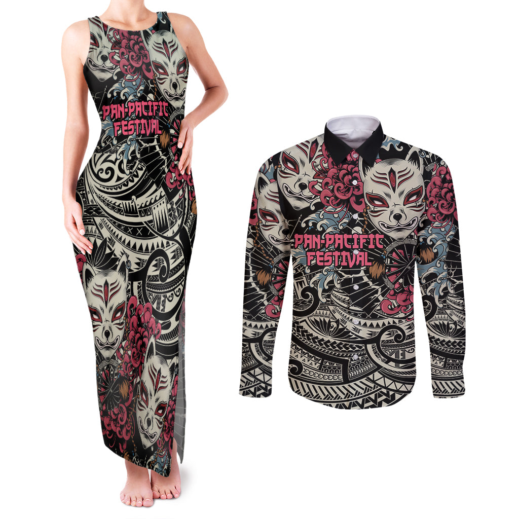 Personalized Japanese Kitsune Mask Couples Matching Tank Maxi Dress and Long Sleeve Button Shirt With Polynesian Arty Style LT9 - Wonder Print Shop