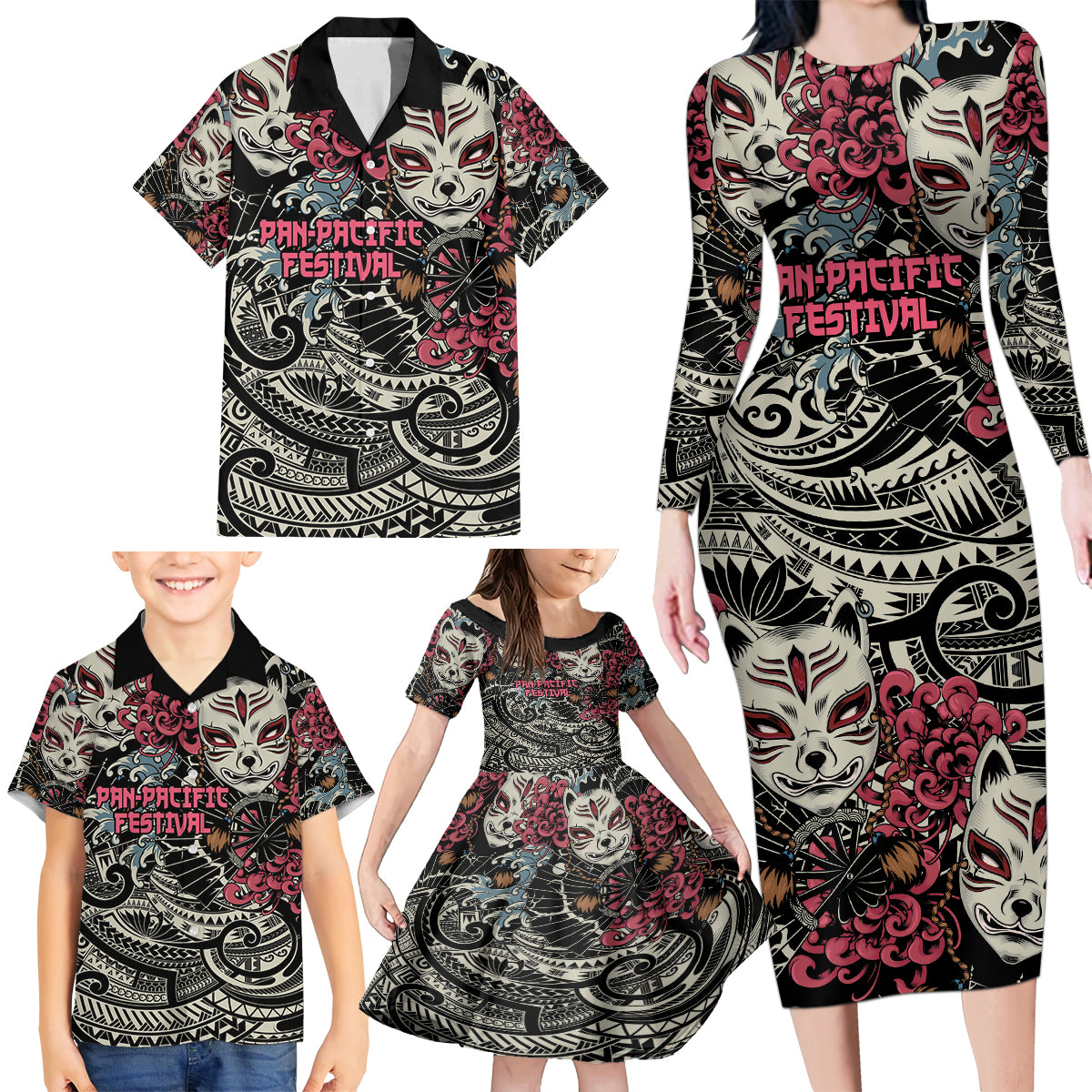 Personalized Japanese Kitsune Mask Family Matching Long Sleeve Bodycon Dress and Hawaiian Shirt With Polynesian Arty Style LT9 - Wonder Print Shop