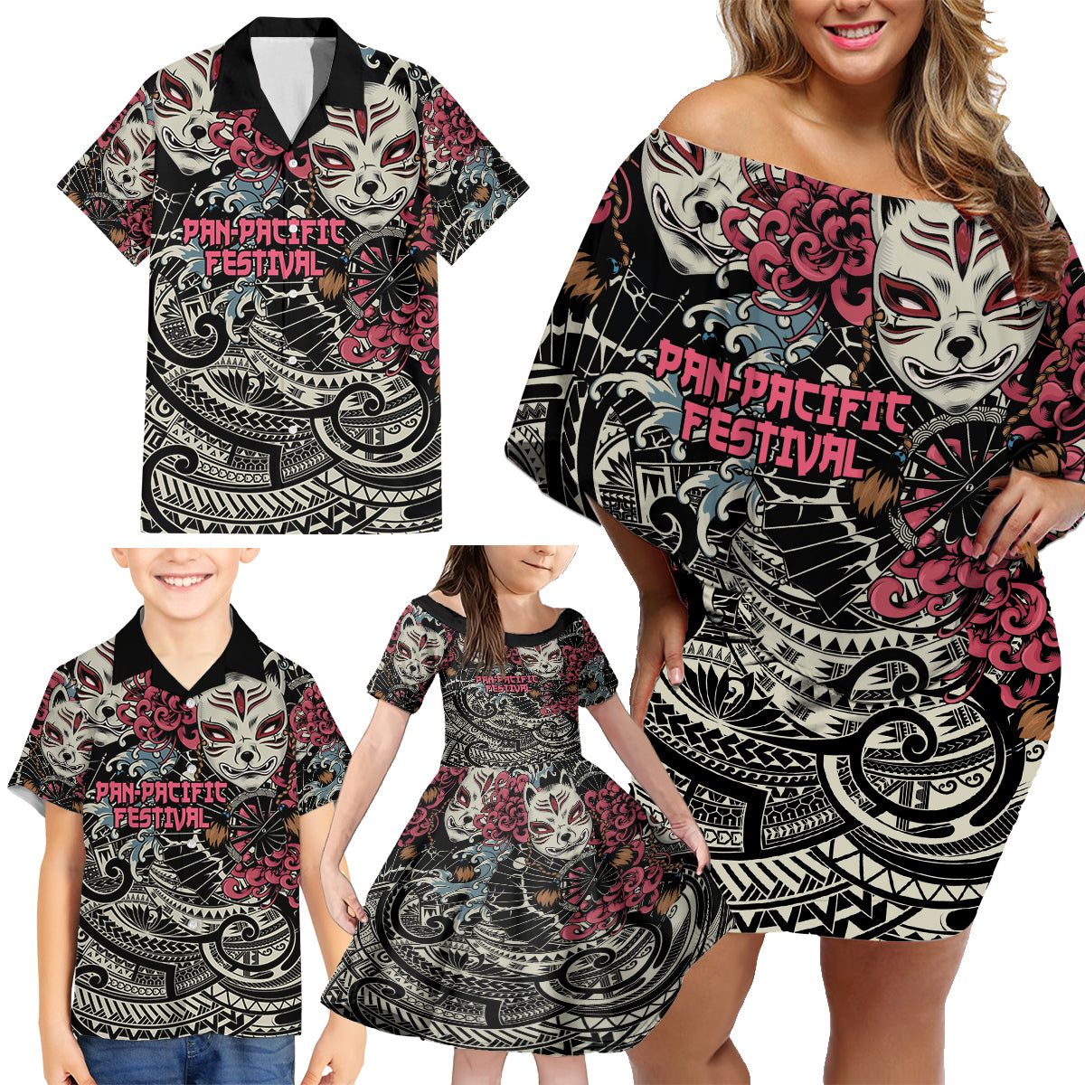 Personalized Japanese Kitsune Mask Family Matching Off Shoulder Short Dress and Hawaiian Shirt With Polynesian Arty Style LT9 - Wonder Print Shop