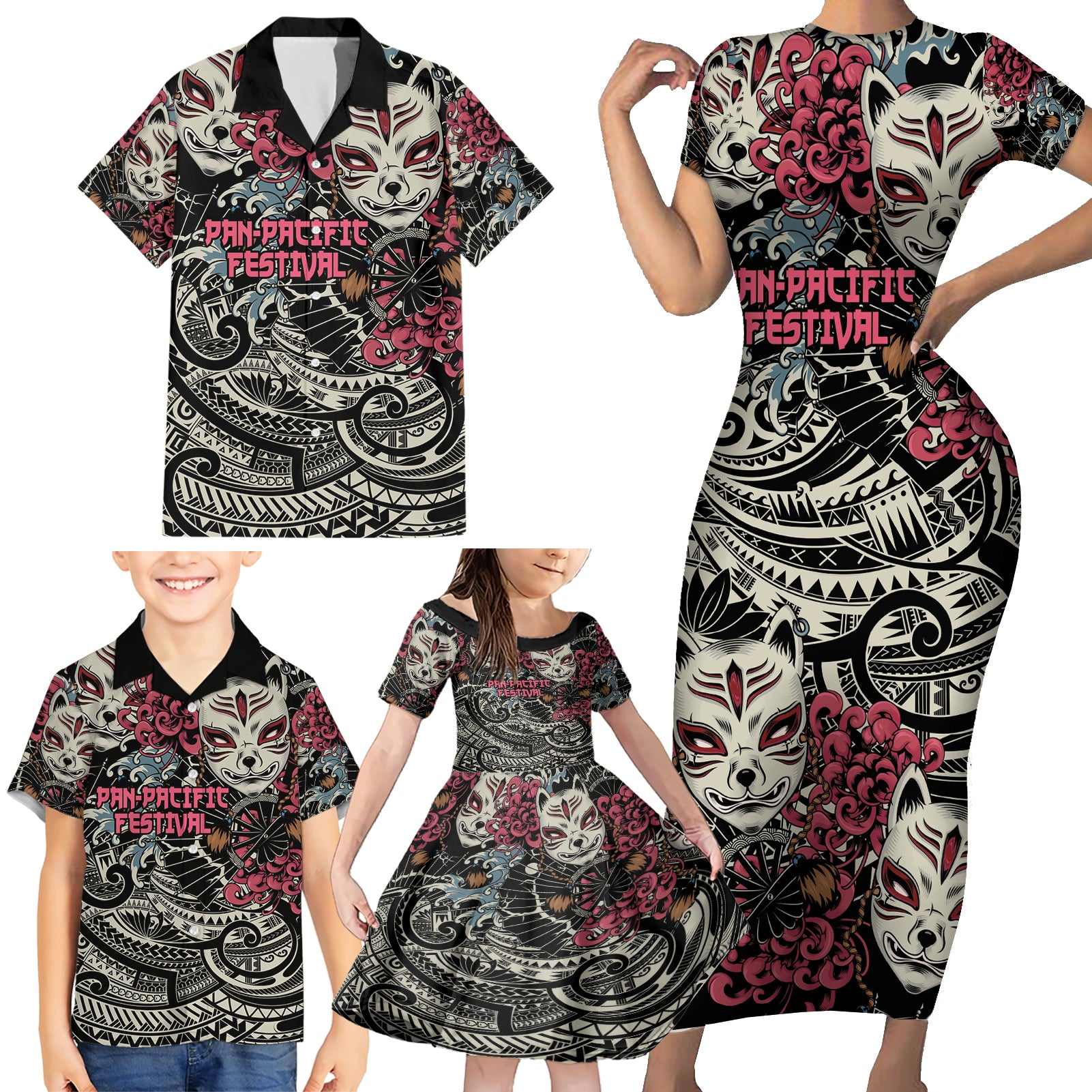 Personalized Japanese Kitsune Mask Family Matching Short Sleeve Bodycon Dress and Hawaiian Shirt With Polynesian Arty Style - Wonder Print Shop