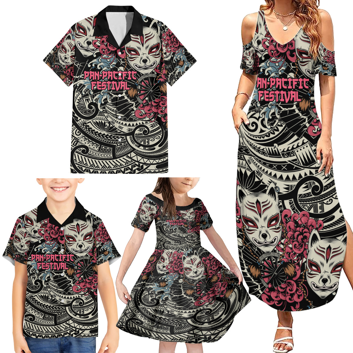 Personalized Japanese Kitsune Mask Family Matching Summer Maxi Dress and Hawaiian Shirt With Polynesian Arty Style - Wonder Print Shop