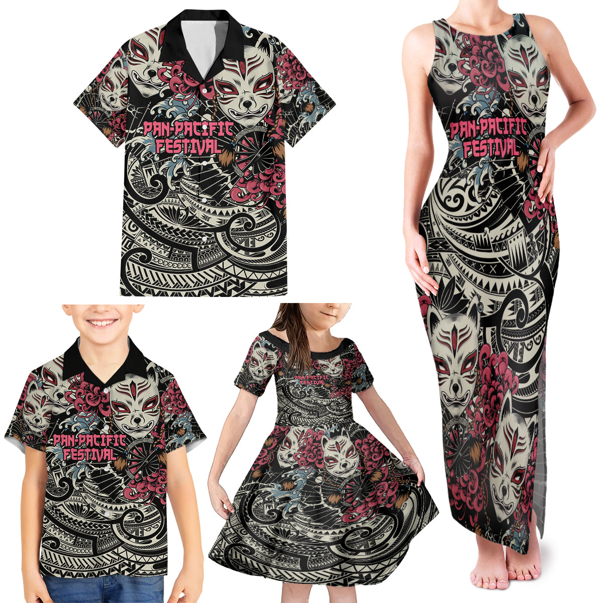 Personalized Japanese Kitsune Mask Family Matching Tank Maxi Dress and Hawaiian Shirt With Polynesian Arty Style - Wonder Print Shop