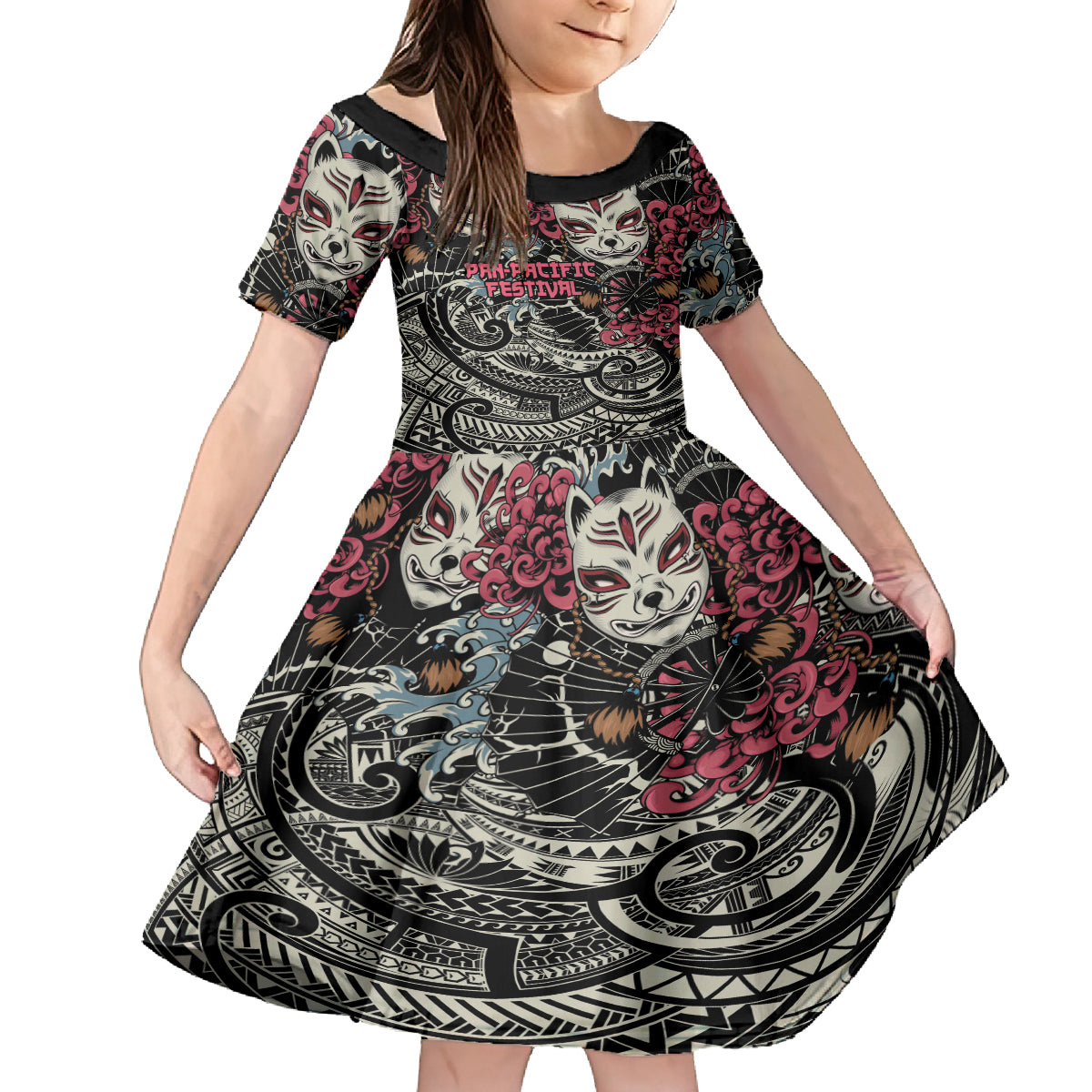 Personalized Japanese Kitsune Mask Kid Short Sleeve Dress With Polynesian Arty Style - Wonder Print Shop