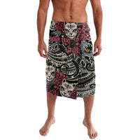 Knee-length shorts with fox mask and floral tribal pattern, black base, red accents