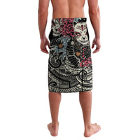 Knee-length shorts with fox mask graphic and swirling Polynesian motifs, black with red