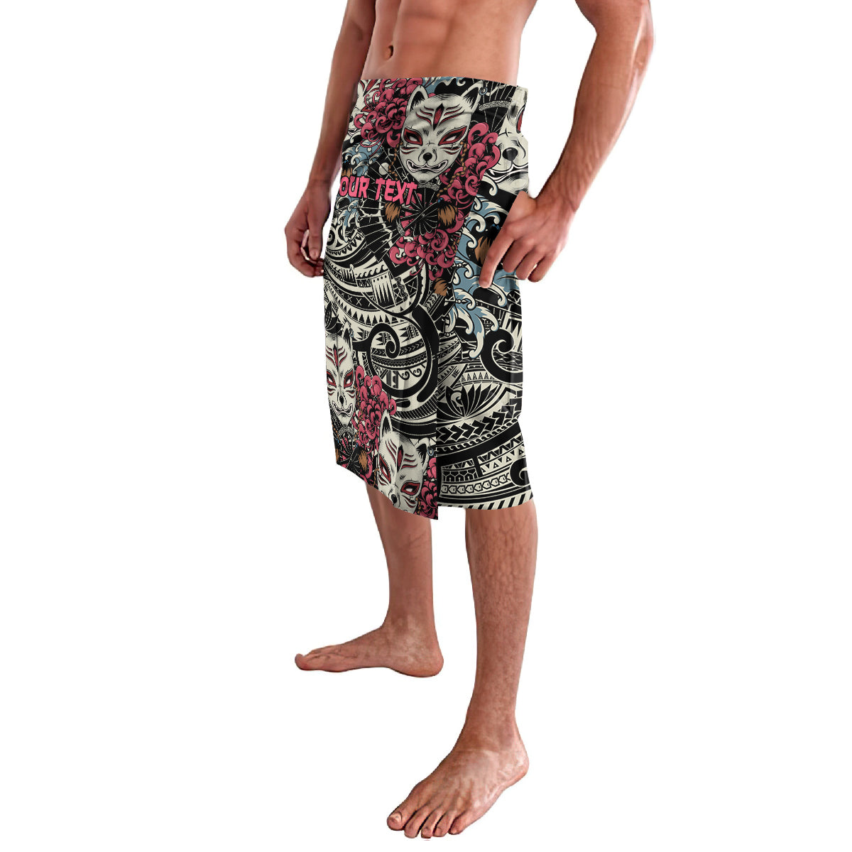 Knee-length shorts, fox mask and ornamental tribal print with red highlights on black