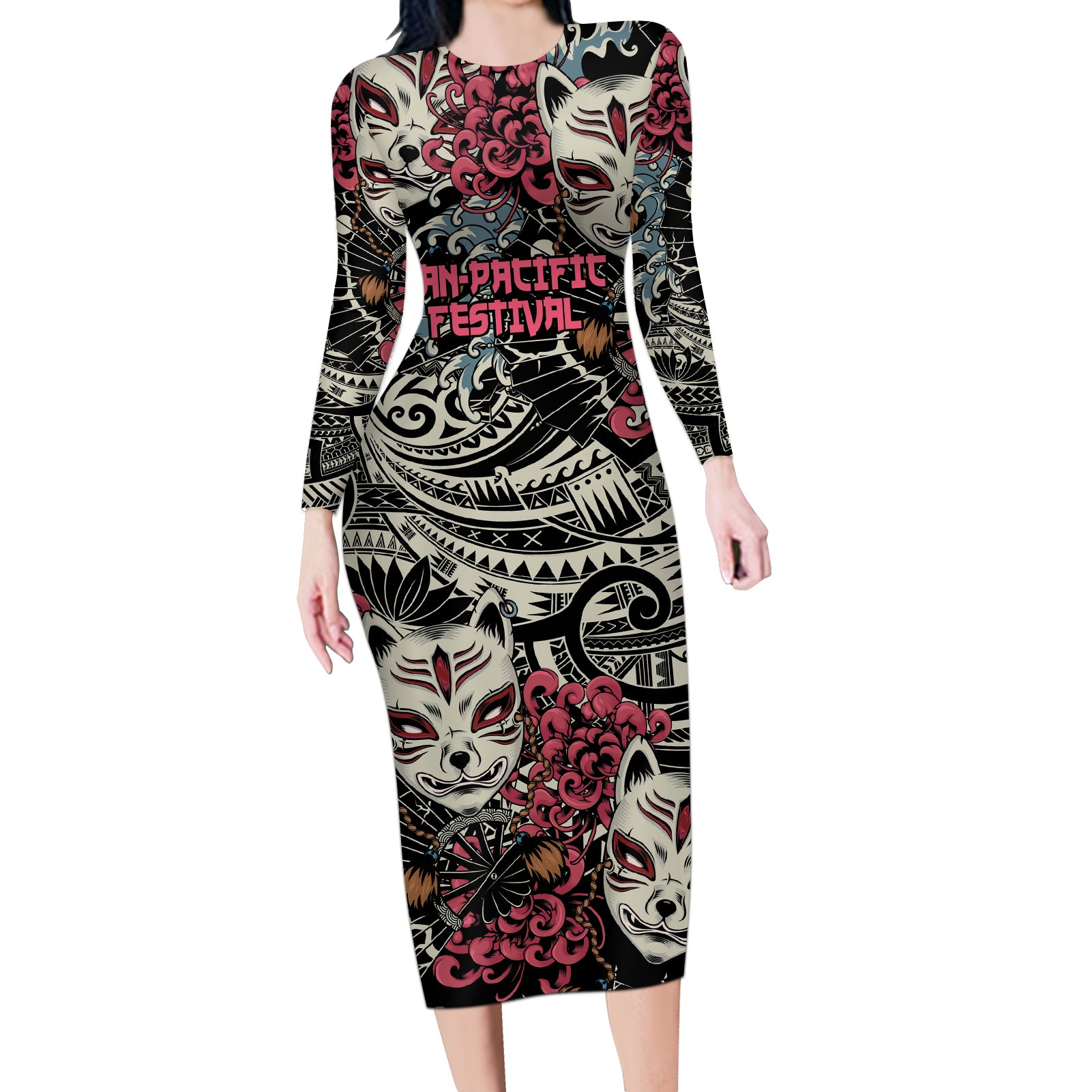 Personalized Japanese Kitsune Mask Long Sleeve Bodycon Dress With Polynesian Arty Style - Wonder Print Shop