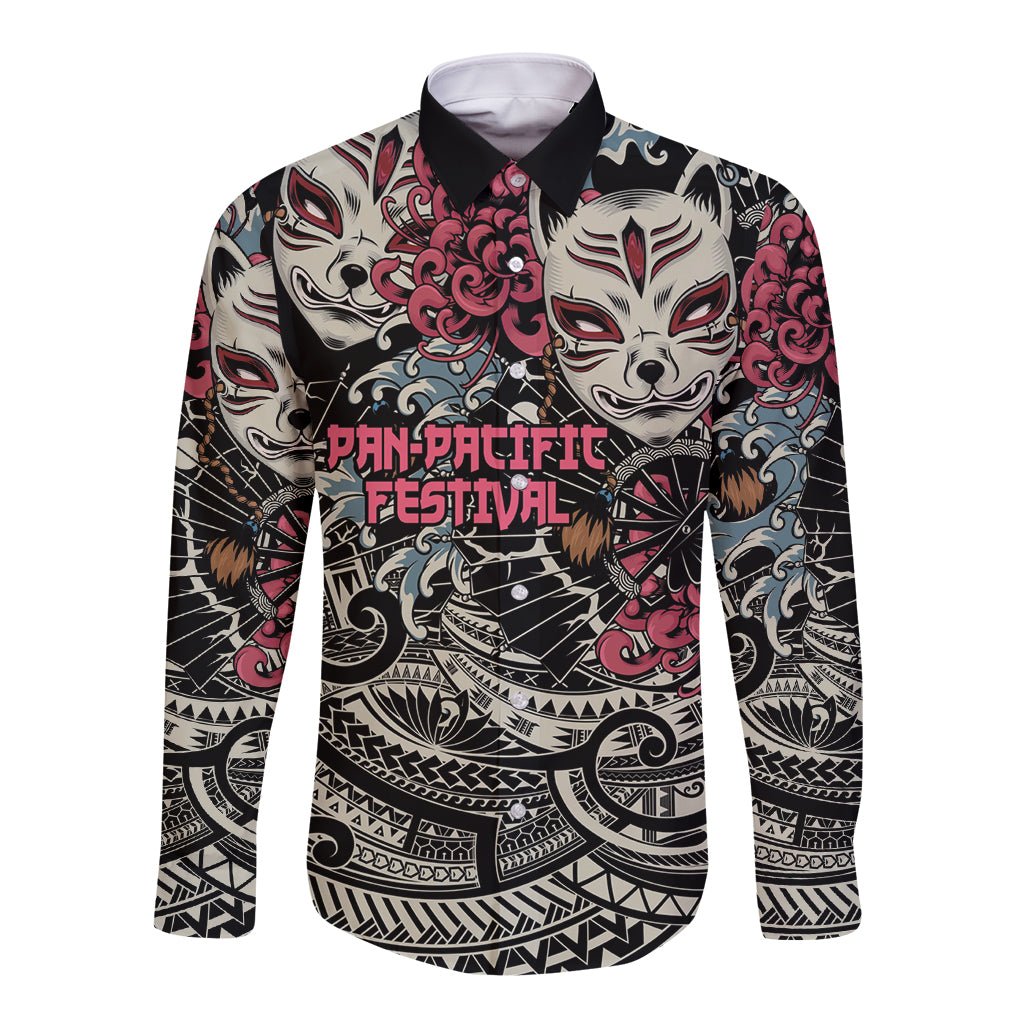 Black long-sleeve button shirt with fox mask and Polynesian-style graphic, point collar