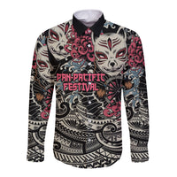 Black long-sleeve button shirt with fox mask and Polynesian-style graphic, point collar
