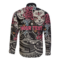 Black long-sleeve button shirt with large fox mask art and 'Your Text' print on chest