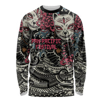 Black long-sleeve shirt with white kitsune mask and Polynesian tribal graphics