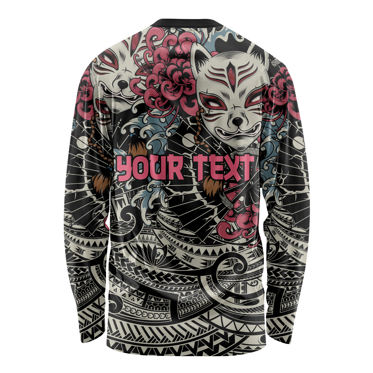 Black long-sleeve shirt with kitsune mask and large center text