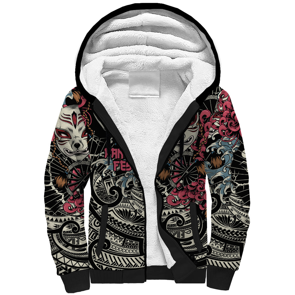 Personalized Japanese Kitsune Mask Sherpa Hoodie With Polynesian Arty Style - Wonder Print Shop