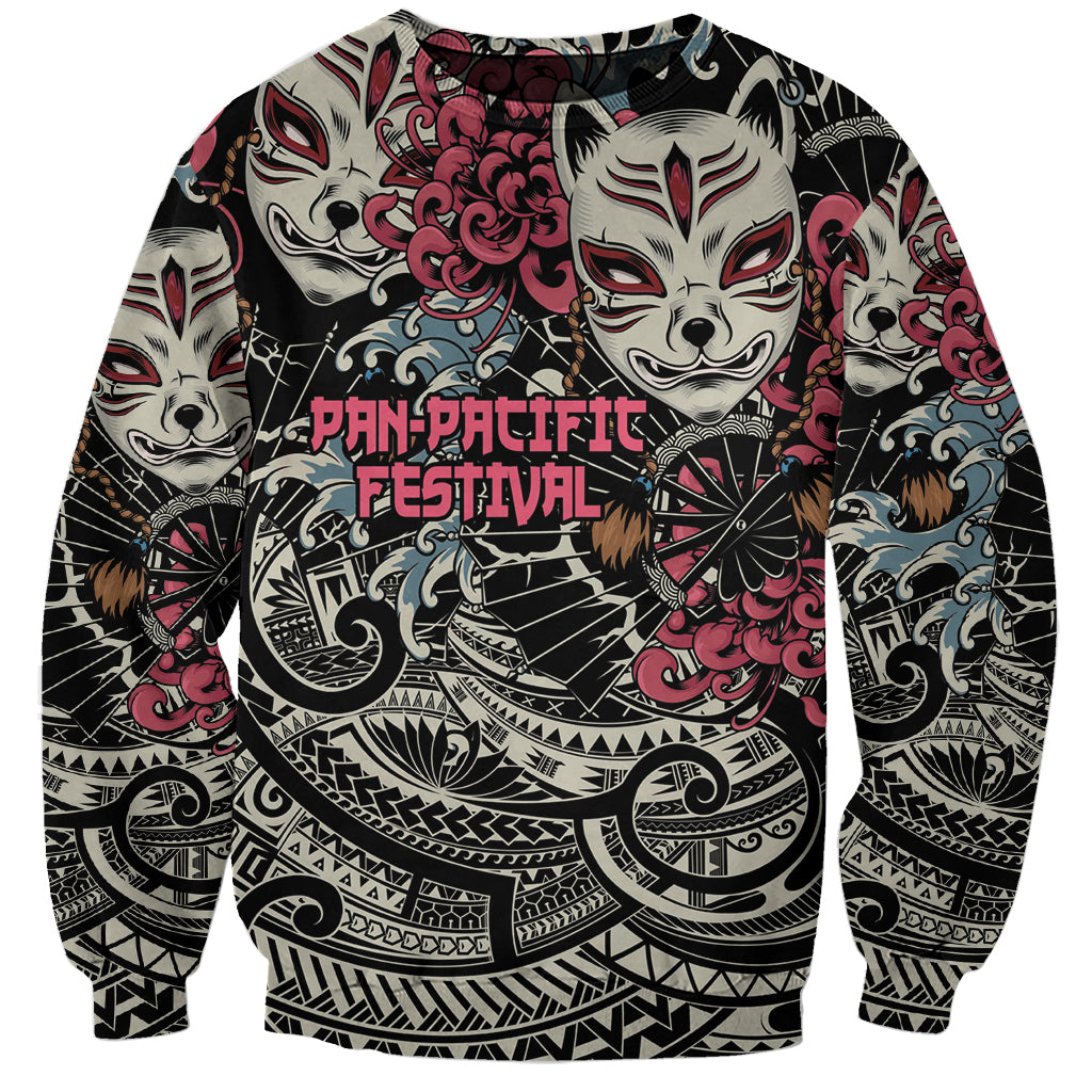 Black unisex sweatshirt with white fox kitsune face and Polynesian-style graphic art