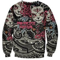Black unisex sweatshirt with white fox kitsune face and Polynesian-style graphic art