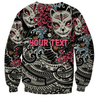 Black unisex sweatshirt with kitsune mask graphic and bold red custom text overlay