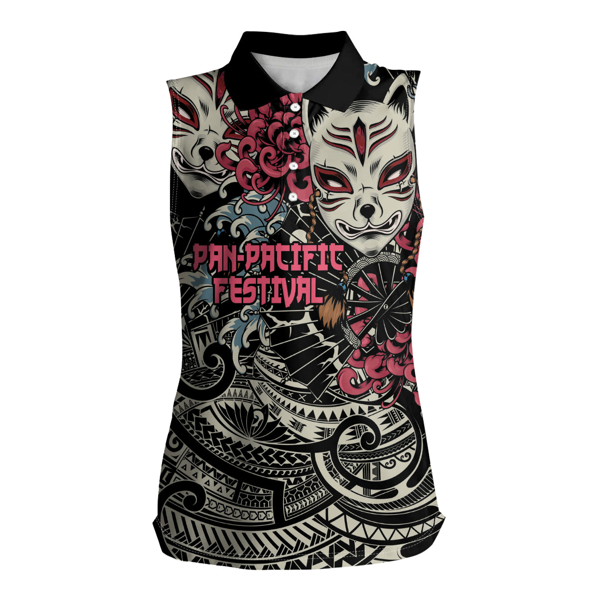 Personalized Japanese Kitsune Mask Women Sleeveless Polo Shirt With Polynesian Arty Style - Wonder Print Shop