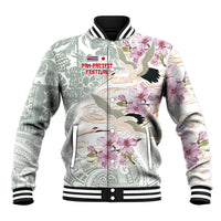 White baseball jacket with green and pink floral bird print, snap front and ribbed collar