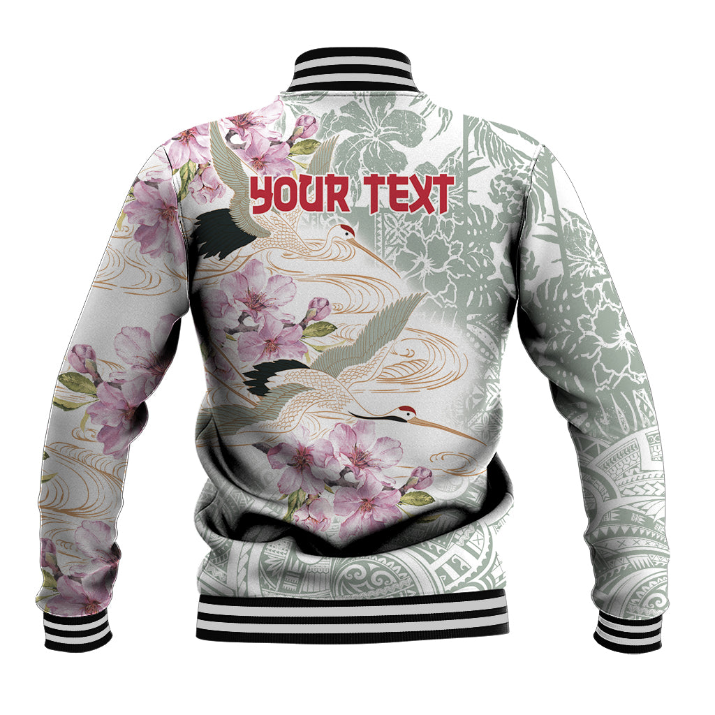 Baseball jacket with green-and-white floral bird print, ribbed hem; back shows 'Your text'