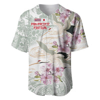 White baseball jersey with sakura blossoms, hibiscus flowers, and crane tropical print
