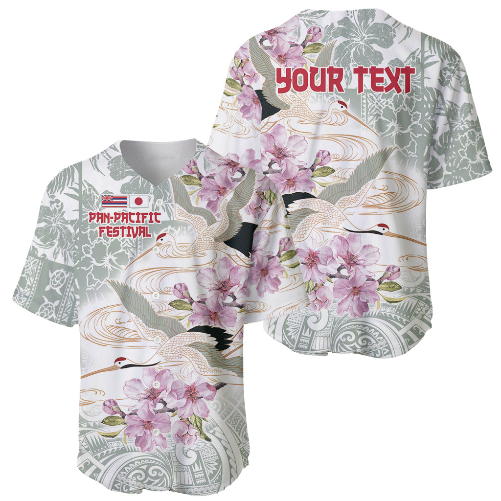 Tropical baseball jersey in white with sakura bird print and 'YOUR TEXT' on back