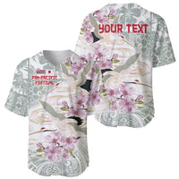 Tropical baseball jersey in white with sakura bird print and 'YOUR TEXT' on back